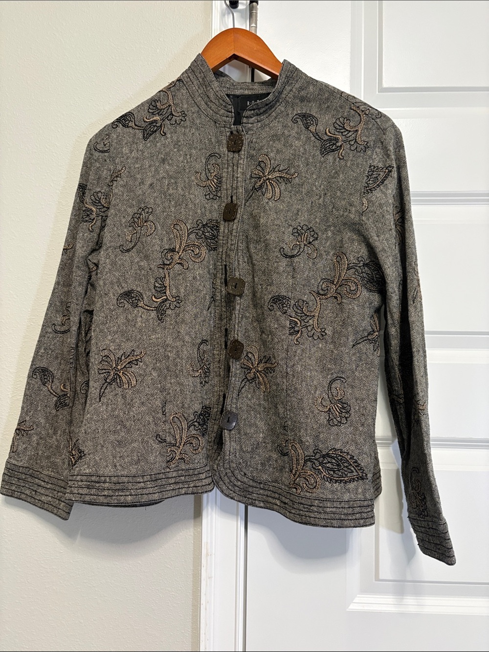 Gray Embroidered Button-Front Jacket
